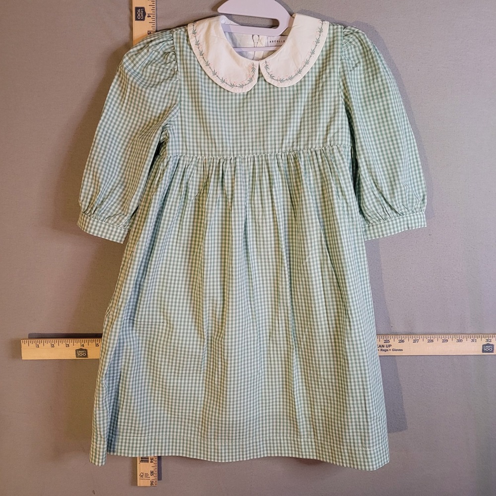 ASCOLLECTION Girls Green Gingham Cotton Dress Peter Pan Collar Embroidered Sz‎ 7